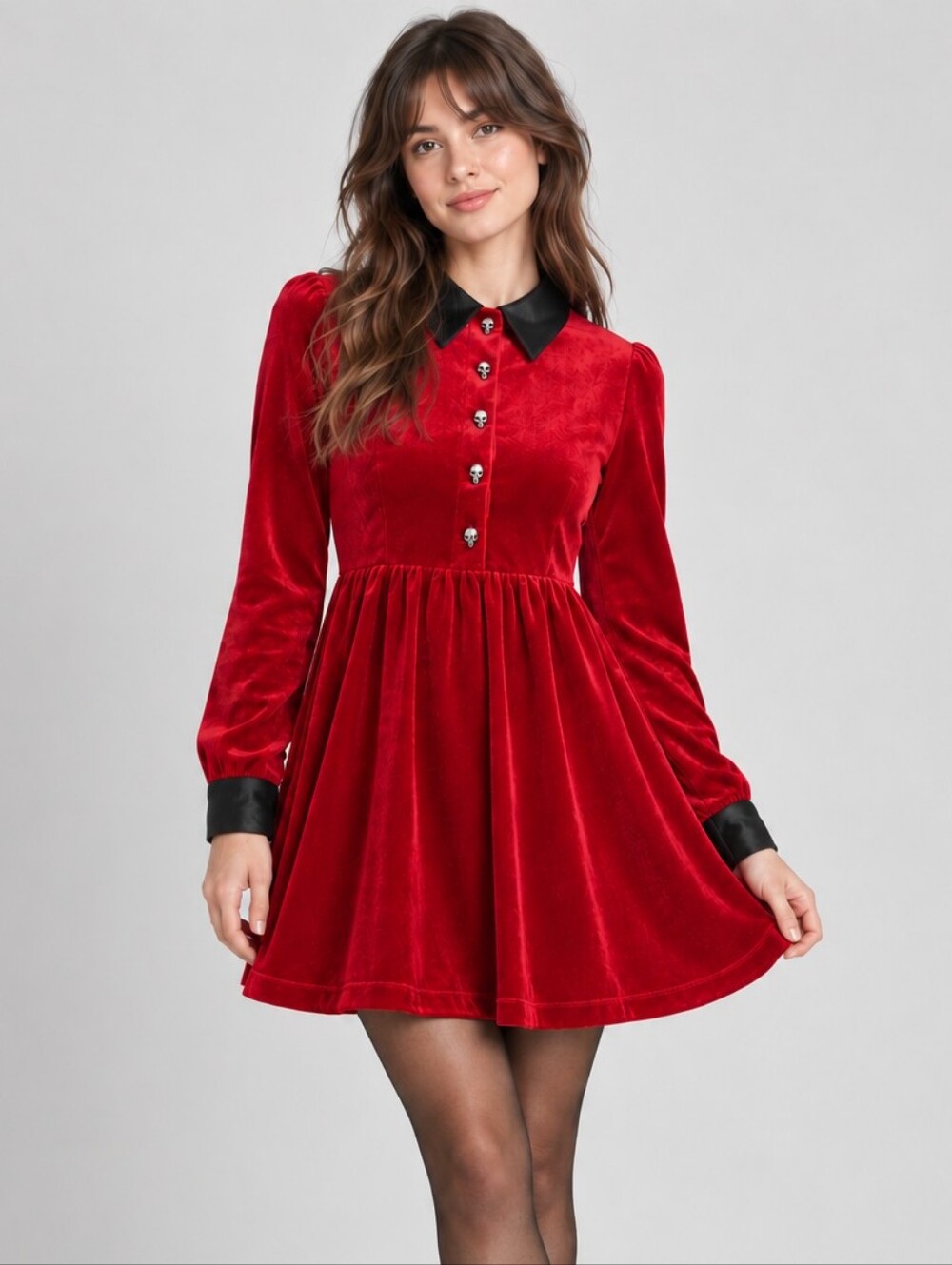ModCloth Wednesday Red Velvet Mini Dress Skulls Gothic Dark Academia Spooky Cute - Picture 1 of 12